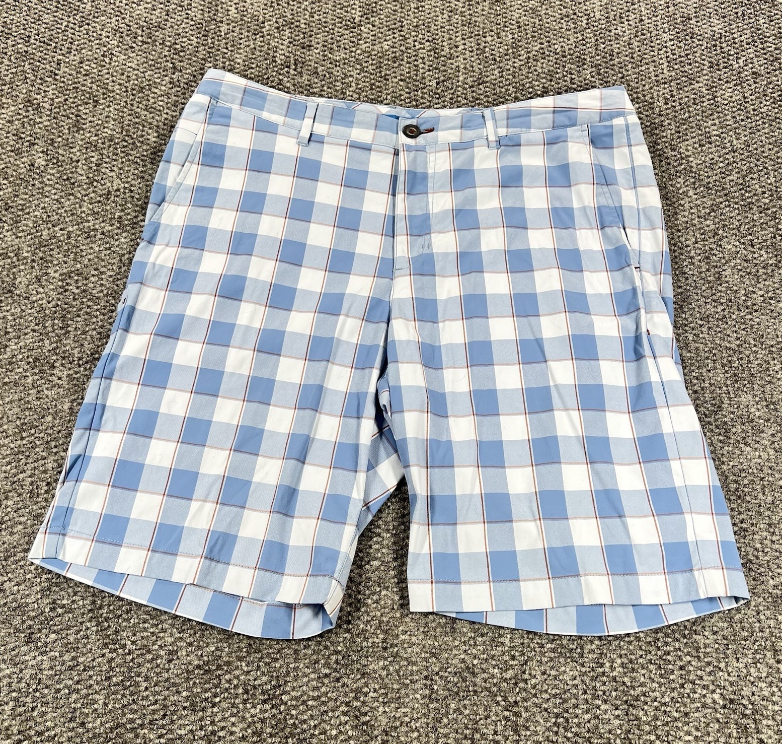 Tommy Bahama Chino Shorts Mens 34 Blue Plaid Nylon Stretch Fabric Casual Beach