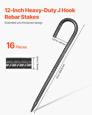VEVOR Rebar Stakes, 12-Inch, Heavy-Duty 0.4 in Diameter J Hook, Galvanized Steel
