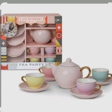 FAO SCHWARZ Ceramic Kids Tea Party 9 Piece Set Gold Trim EUC