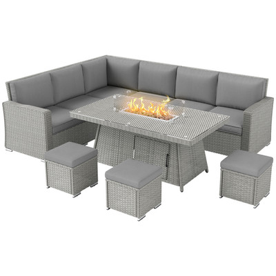 Outdoor Feuerstelle Tisch Set grau 150x85x64cm verzinkter Stahl PE Glas Polyester