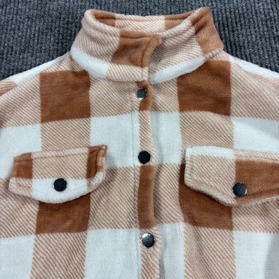 SHEIN Fleece Cropped Jacket Womens L Tan White Buffalo Plaid Button Shacket