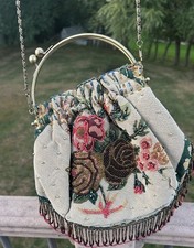 Vtg 1990s Tapestry Embroidered Handbag Retro Top Handle Floral Detail