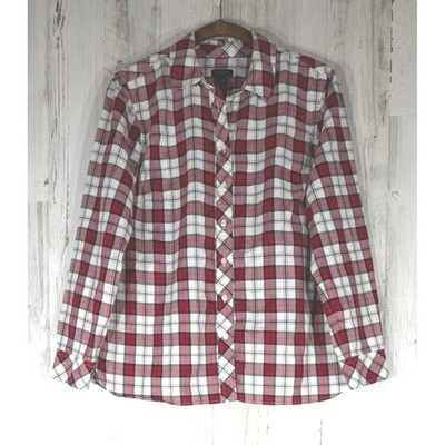 Talbots Plaid Button Up Medium Petite Red White Metallic Classic Lightweight