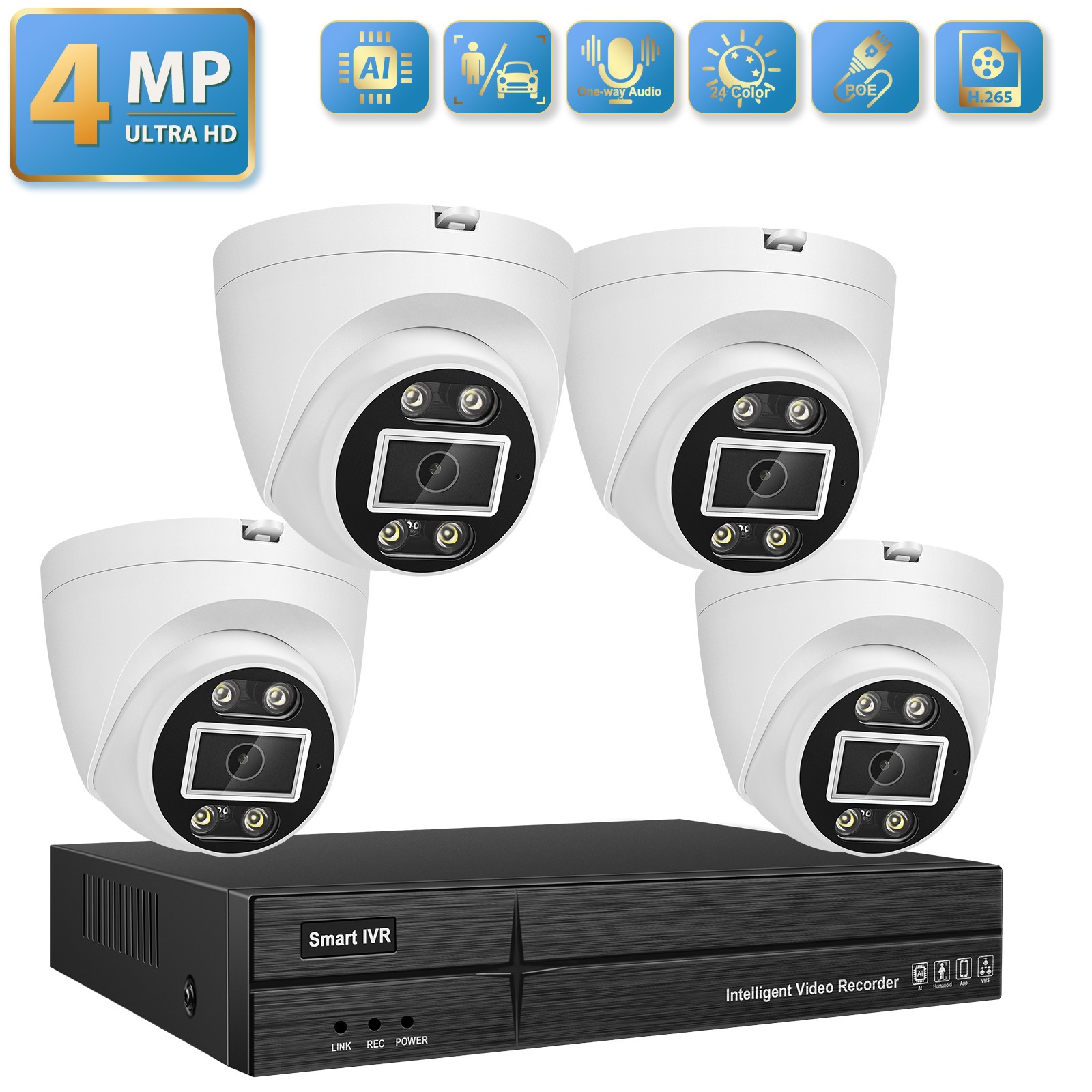 16CH 4K POE NVR 4PCS 4MP IP Audio ColorVu Dome Security Came