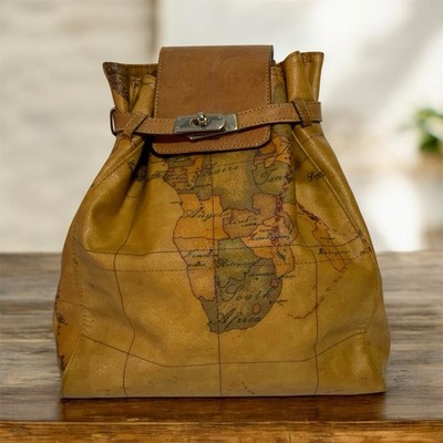 Alviero Martini 1a Classe Geo Map Backpack - Vintage World Map Leather Bag