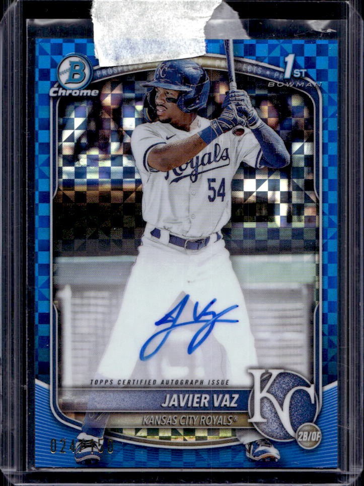 2025 Bowman Javier Vaz Chrome Auto Blue X-Fractor 1st #24/150 Royals