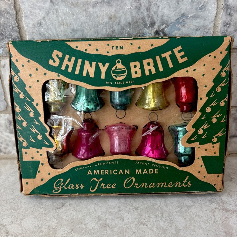 Vintage Shiny Brite Mini Ornaments Small Glass Bells Feather Tree Original Box
