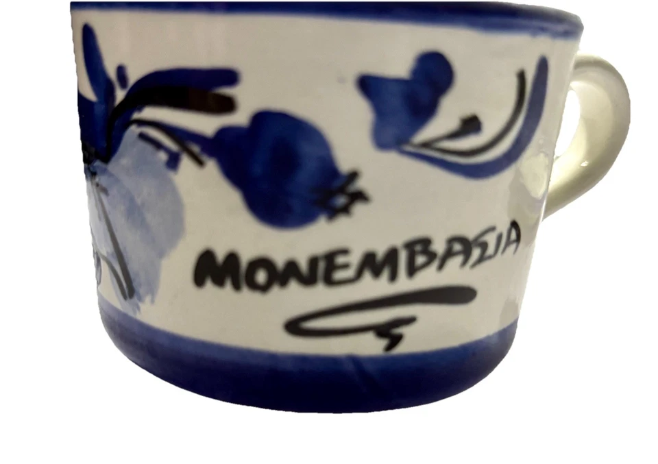 Taza y platillo de cerámica hechos a mano azul y blanco Monemvasía Grecia de colección café té Foto 2 de 4