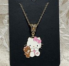 Hello Kitty Pink Bow Teddy Bear Charm Cartoon Adorable Pendant Gold Necklace 18  