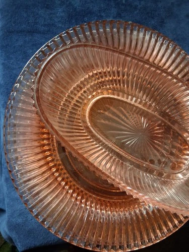 6 Vintage Anchor Hocking Vertical Ribbed Pink Depression Glass Dinner Plates...