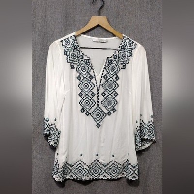 Solitaire by Ravi Khosla Boho Embroidered Sequined Top Women's M White Bobo 90s