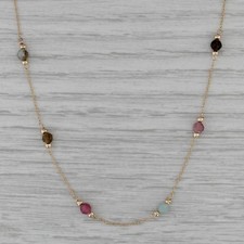 Gemstone Bead Station Necklace 14k Yellow Gold 16.25" Rope Chain