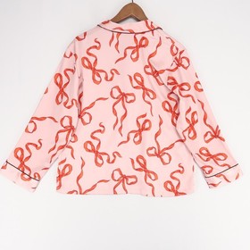 Victorias Secret Pajama Set Womens M Pink Bow Print Satin Long Sleeve Button Up