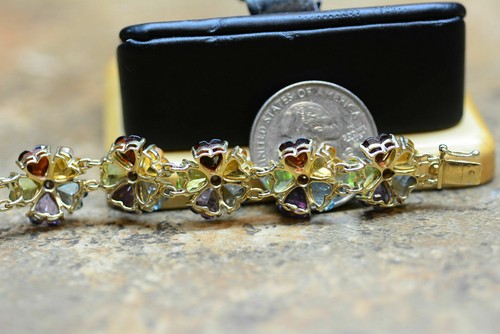 14K Yellow Gold 33cts Topaz Peridot Amethyst Bracelet Diamond Vintage - Picture 7 of 8