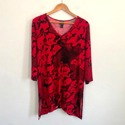 Clara Sun Wool Tunic Top Women Size Medium Red Black Floral Stretch 3/4 Sleeves