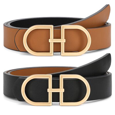 Reversible Leather Belt for Women With Gold Buckle Ladies Two-in