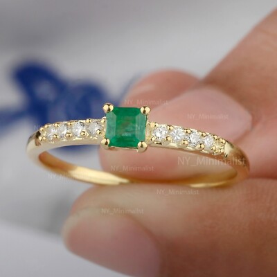 Massiver 14K Gelbgold echter quadratischer Smaragd Edelstein Diamant halber Ewigkeitsring