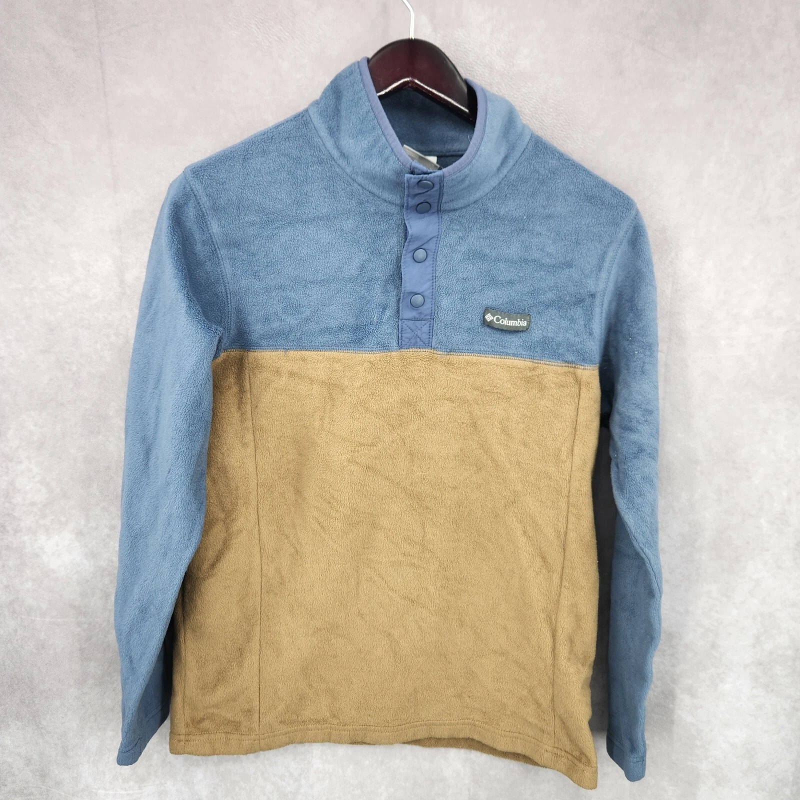 Columbia Jacket Mens Medium Blue Brown 1/4 Snap Button Fleece Pullover 2 Tone