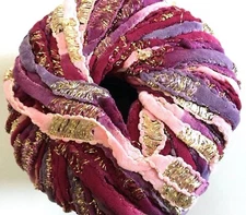 Dark Horse Yarns Allure 104 Purple Pinks Gold Metallic & Matte Ribbon 100g 98y