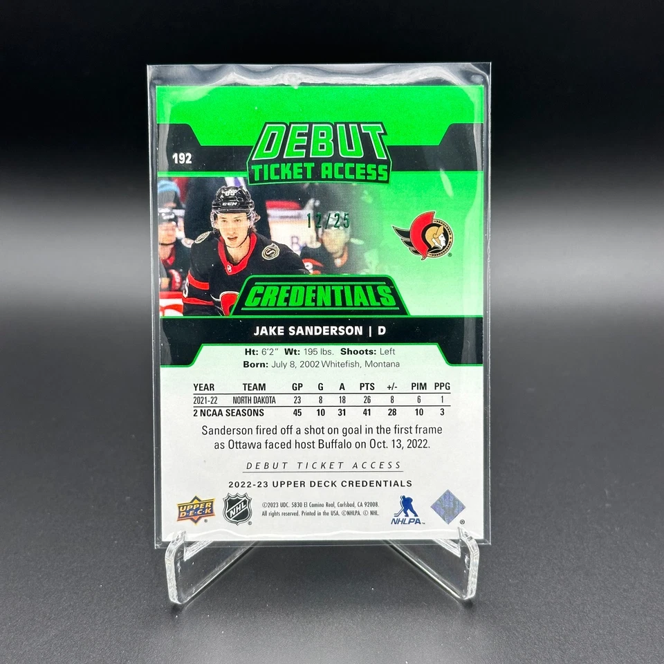 2022-23 UD Credentials JAKE SANDERSON #192 Debut Ticket Access Green RC 12/25 - Image 2 of 4