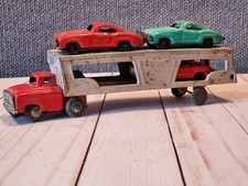 Vtg Japan 1950's Ford Auto Hauler 3 Car Carrier Truck Transport Tin Friction Toy