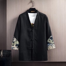 Uomo Cotone Lino Camicia 3/4 Maniche Kimono Giacca Largo Yukata Top Estate New