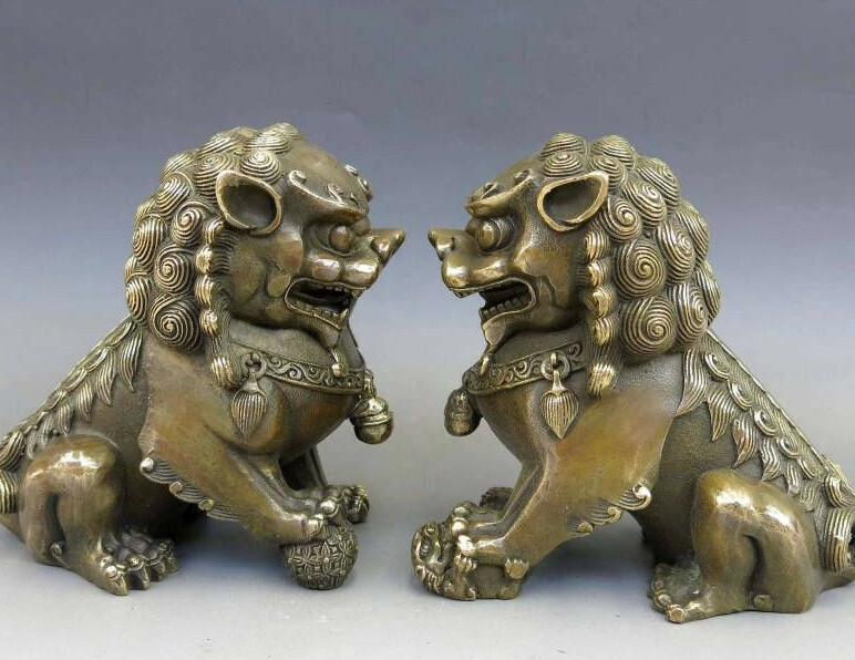 Chinese Antique bronze Feng shui Fu Foo Dog Lion Statue Door god