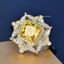 Honey Yellow Asscher Cut 2.12CT Citrine With White Diamonds Flower Design Ring