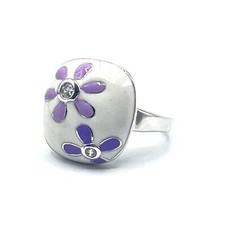 Silver Tone Enamel White Purple Colored Flower Rhinestones Fashion Ring Size 7