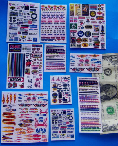 HO SLOT CAR Assorted CUT & PEEL STICKERS,FORD PLUS CHEVY,HOOKER,PENNZOIL,TIRES 
