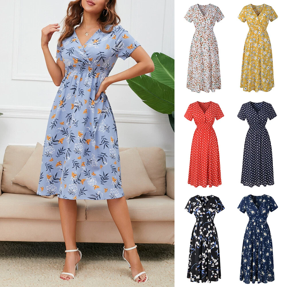 Women Boho Floral V Neck Midi Dress Ladies Summer Holiday Beach Swing  Sundress