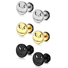 Punk Men Women Stainless Steel Skull Stud Earrings Screw Back Halloween