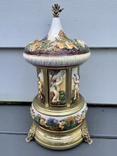 Reuge Capodimonte Porcelain Musical Lipstick Cigarette Carousel Music Box Rare