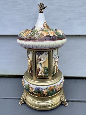 vintage carousel cigarette holder Reuge Capodimonte Porcelain Musical Lipstick Cigarette Carousel Music Box  Rare
