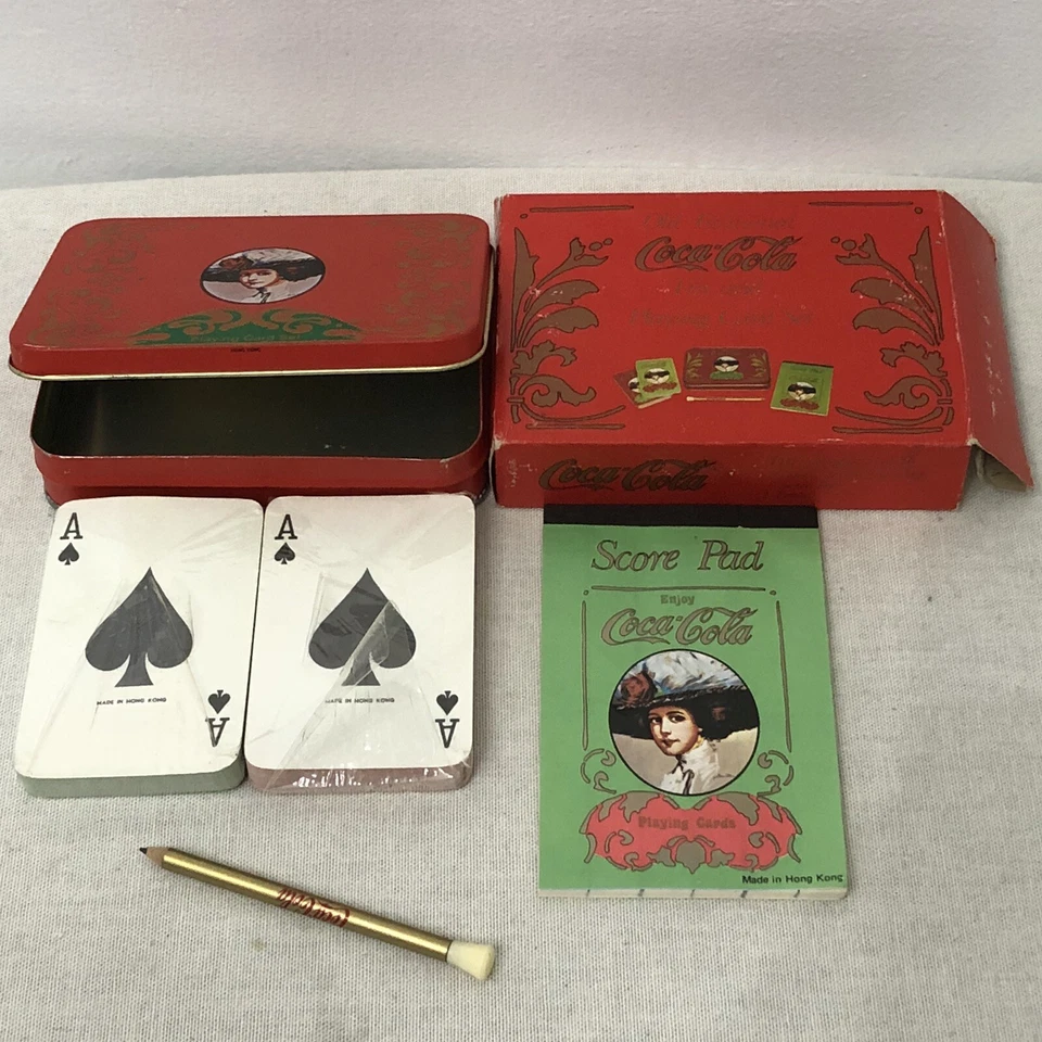 Coca Cola Old Fashioned Tin Playing Card Set 2 Decks Pad Pencil BONUS 1991 TRAY - Image 2 of 4