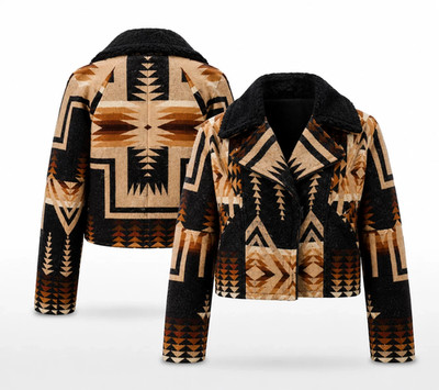 Handmade Beth Dutton Aztec Wool Aviator Jacket Kelly Reilly Inspired Shearling