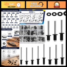 970Pcs Pop Rivets Assortment Kit - Black Aluminum, 3/32" to 3/16" Sizes