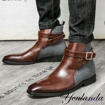  Retro Men's Ankle Boots Buckle Shoes Round Toe Splicing Formal Chelsea Shoes