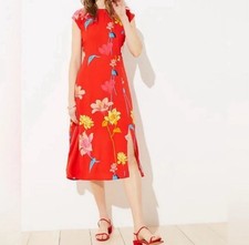 LOFT Petites 6P Red Floral Midi Dress Rayon Cap Sleeve Fit & Flare Spring Summer