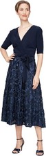 Alex Evenings Women's Tea Length Rosette Dress, Navy, Size 18