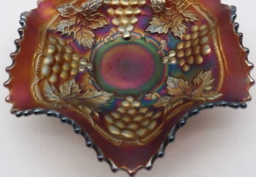 Northwood Carnival Glass Grape and Cable Ruffled Bowl 7.5 " Amethyst Purple