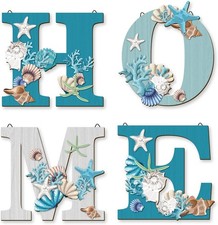 4 Pcs Wood Home Sign Coastal Beach Wall Decor 10 inches x 10 inches, Ocean