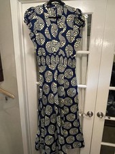African Dark Blue White Custom Made Smocked Dress Ruffled Sleeves Approx Large