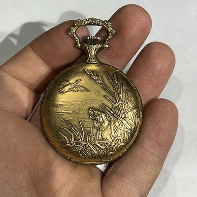 Ever Swiss Pocket Watch 17 Jewels Hunter & Dogs Scene Vintage