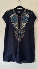 Johnny Was Workshop Tunic Dress Tie Front Blue Embroidered Floral Boho Size Lg