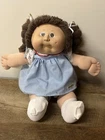 Vtg. Cabbage Patch Girl Doll Brown Hair & Eyes, Blue & White Dress Two Dimples