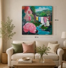 Canvas Wall Art Pink Peony Cottage Landscape Farmhouse Floral Home Decor