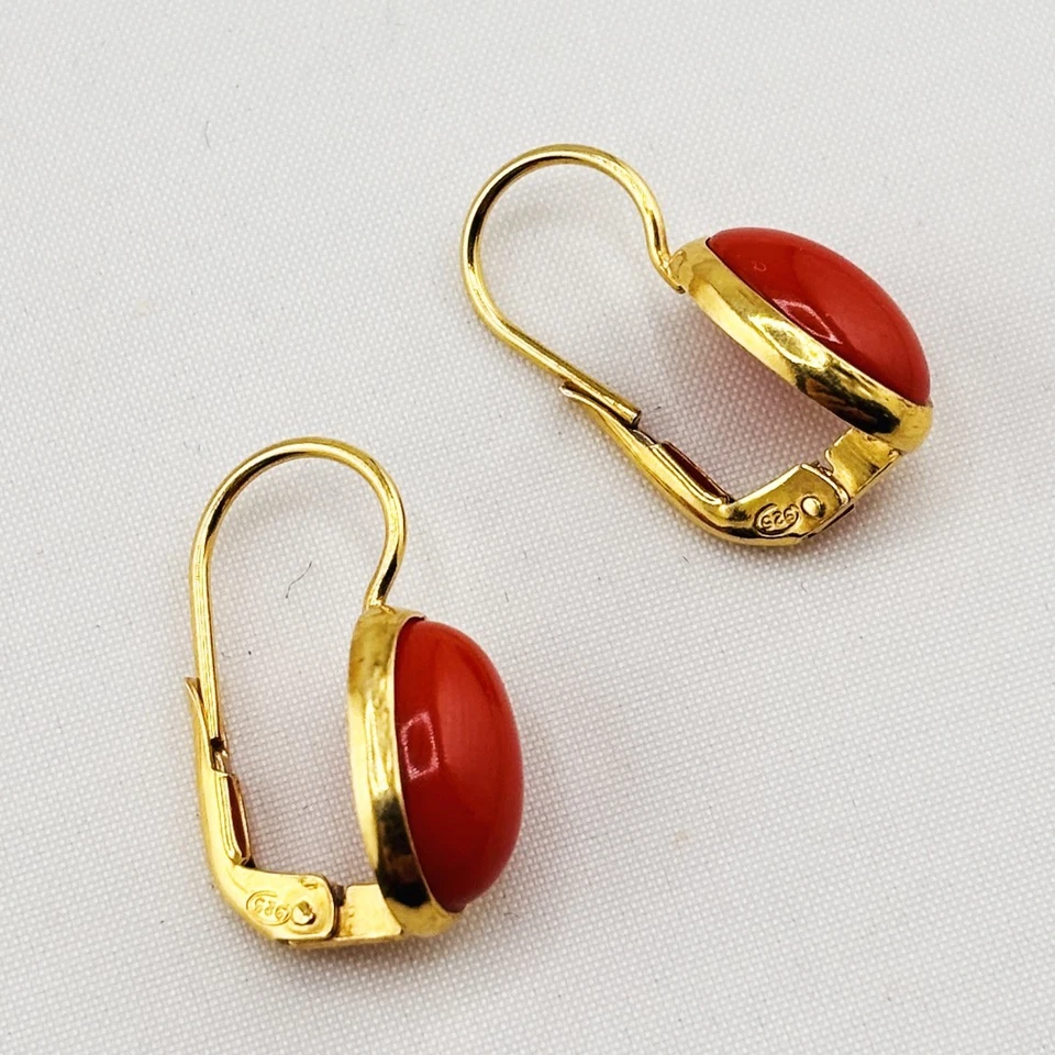 Orecchini pendenti argento 925 dorato cabochon corallo rosso naturale monachella - Immagine 3 di 4
