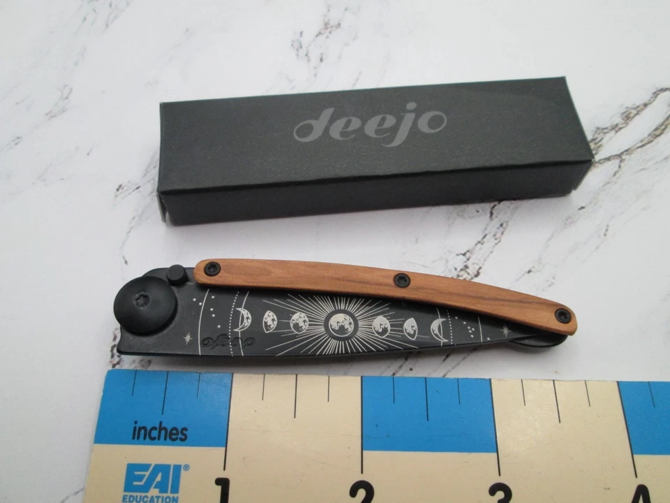 NEW Phases of the Moon Deejo 27G Minimalist FrameLock Folding Knife Olive Wood - Image 4 of 4