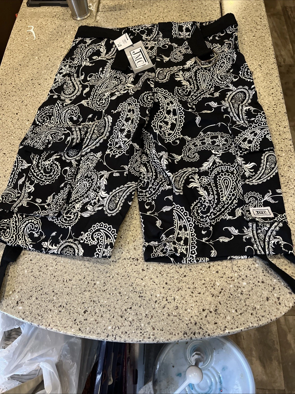 Mens Paisley Cargo Shorts JMC Size 32 Multi Pocket Outdoor Twill Shorts Belt